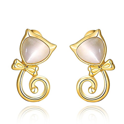 Fashion Opal Lovely Cat Golden Gold-Plated Stud Earrings (Golden)(1Pair)