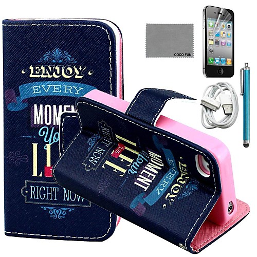 COCO FUN Black Blue Ribbon Pattern PU Leather Case with Screen Protector and USB Cable and Stylus for iPhone 4/4S