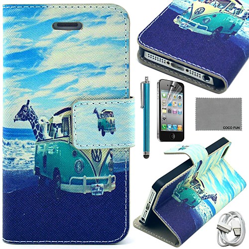 COCO FUN Animal Bus Pattern PU Leather Case with Screen Protector and USB Cable and Stylus for iPhone 4/4S