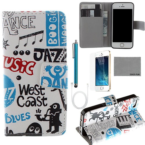 COCO FUN Music Boy Pattern PU Leather Case with Screen Protector and USB Cable and Stylus for iPhone 5/5S