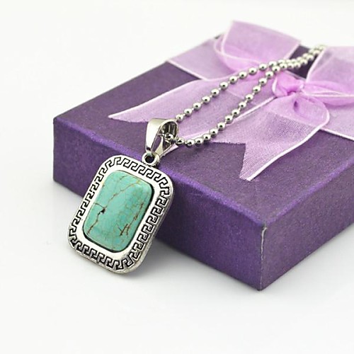 Toonykelly Vintage Look Antique Silver Plated Oblong Turquoise Stone Necklace(1 Pc)