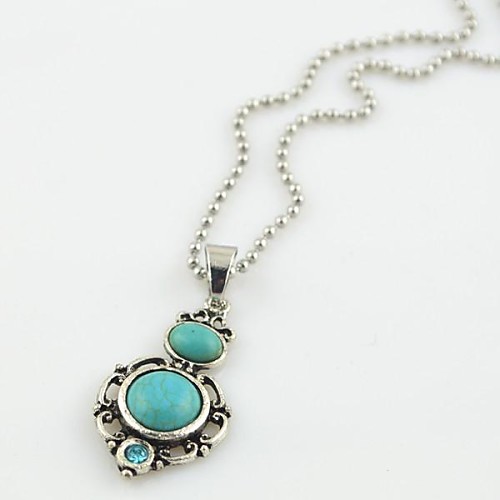 Toonykelly Vintage Look Antique Silver Plated Oval Turquoise Stone Necklace(1 Pc)