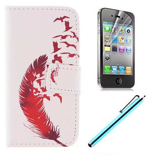 Red Feather Design PU Full Body Case with Card Slot and Stand for iPhone 4/4S