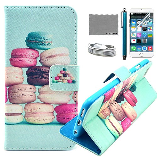 COCO FUN Colorful Macarons Pattern PU Leather Case with Screen Protector and USB Cable and Stylus for iPhone 6