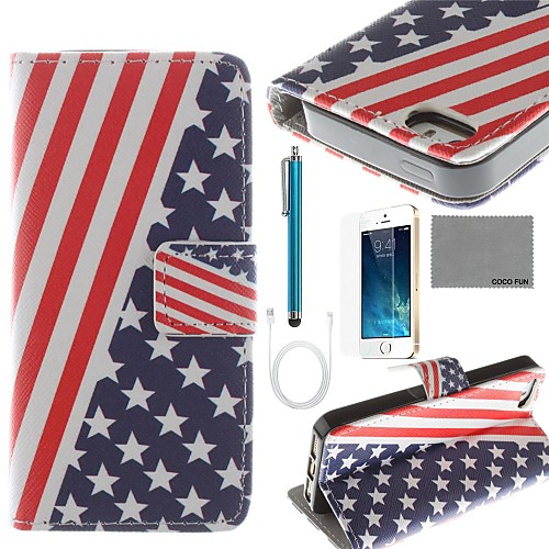 COCO FUN USA Flag Pattern PU Leather Case with Screen Protector and USB Cable and Stylus for iPhone 5/5S