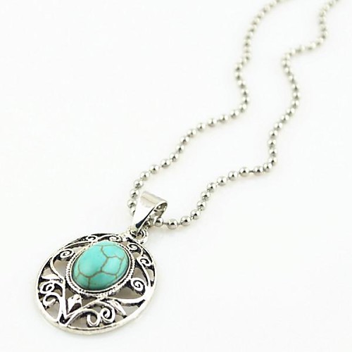 Toonykelly Vintage Look Antique Silver Plated Oval Turquoise Stone Necklace(1 Pc)