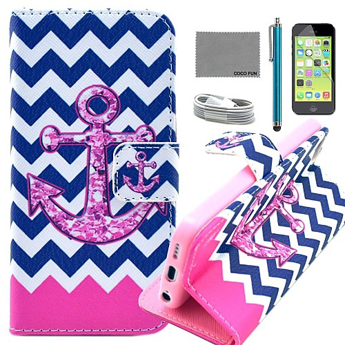 COCO FUN Flower Anchor Pattern PU Leather Full Body Case with Film and USB Cable and Stylus for iPhone 5C