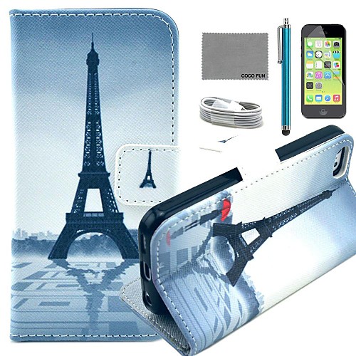 COCO FUN Red Umbrella Tower Pattern PU Leather Full Body Case with Film and USB Cable and Stylus for iPhone 5C