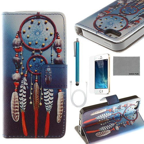 COCO FUN Blue Wind-Bell Pattern PU Leather Case with Screen Protector and USB Cable and Stylus for iPhone 5/5S