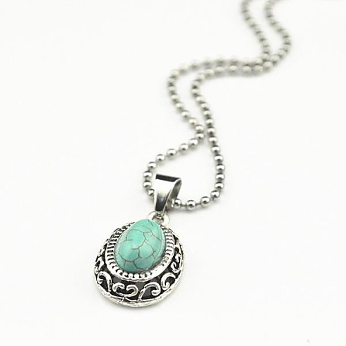 Toonykelly Vintage Look Antique Silver Plated Oval Turquoise Stone Necklace(1 Pc)