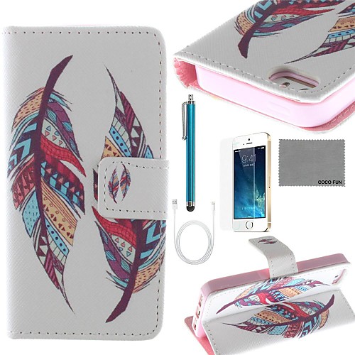 COCO FUN Two Feather Pattern PU Leather Case with Screen Protector and USB Cable and Stylus for iPhone 5/5S