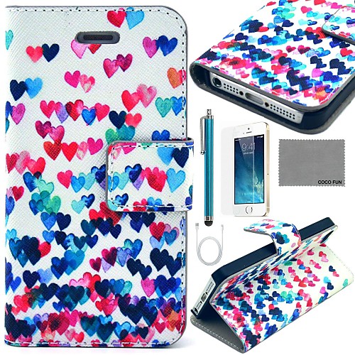 COCO FUN Colorful Heart Pattern PU Leather Case with Screen Protector and USB Cable and Stylus for iPhone 5/5S