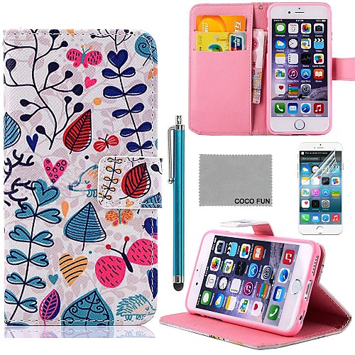 COCO FUN Red Leaf Forest Pattern PU Leather Case with Screen Protector and Stylus for iPhone 4/4S