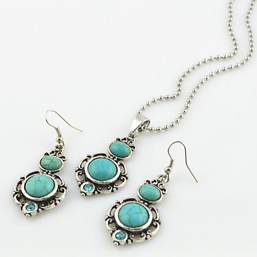 Toonykelly Vintage Antique Silver Turquoise Stone with Crystal(Earring and Necklace) Jewelry Set