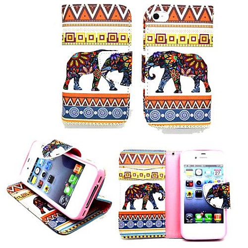 KARZEA™Tribes ElephantsPU Leather TPU Back Painting Card Holder Wallet Case with Oval Buckle for iPhone 4/4S