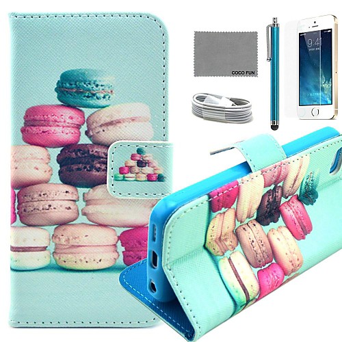 COCO FUN Colorful Macarons Pattern PU Leather Case with Screen Protector and USB Cable and Stylus for iPhone 5/5S