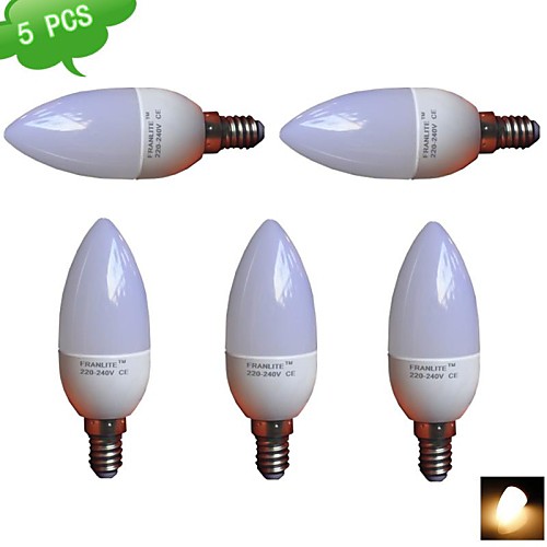 5PCS FRANLITE™ C37 E14 4W(=Incan 25W)  3000K Warm White CRI>80 8x3020SMD LED 300LM LED Light Candle Bulb (AC 220-240V)