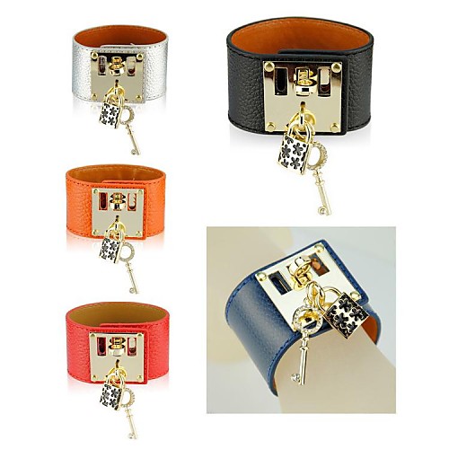 Women Genuine Leather Key Lock Bracelet Designer Wide Bangle Cuff Wristband