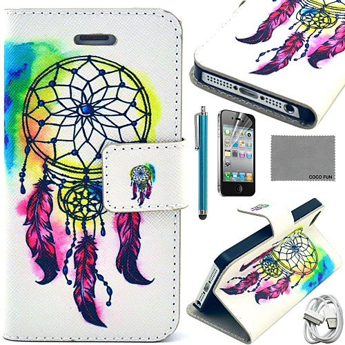 COCO FUN Painting Wind-Bell Pattern PU Leather Case with Screen Protector and USB Cable and Stylus for iPhone 4/4S