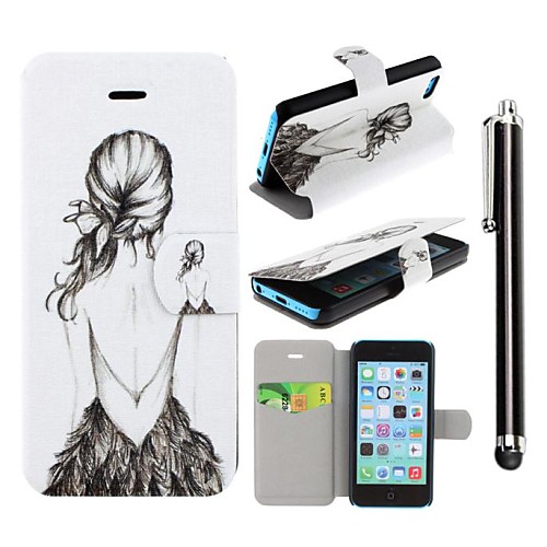 Beauty Backless Girl Pattern PU Leather Full Body Case with Stand and A Stylus Touch Pen for iPhone 5/5S/5C