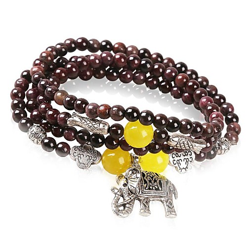 Women's Fashion Elephant Garnet Crystal  Lucky Multiturn Buddha Beads Bracelet