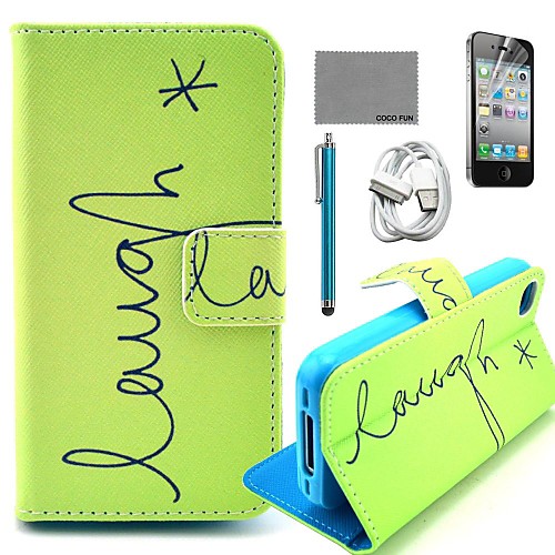 COCO FUN Green English Pattern PU Leather Case with Screen Protector and USB Cable and Stylus for iPhone 4/4S