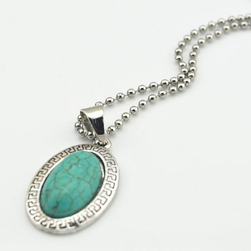 Toonykelly Vintage Look Antique Silver Plated Oval Turquoise Stone Necklace(1 Pc)