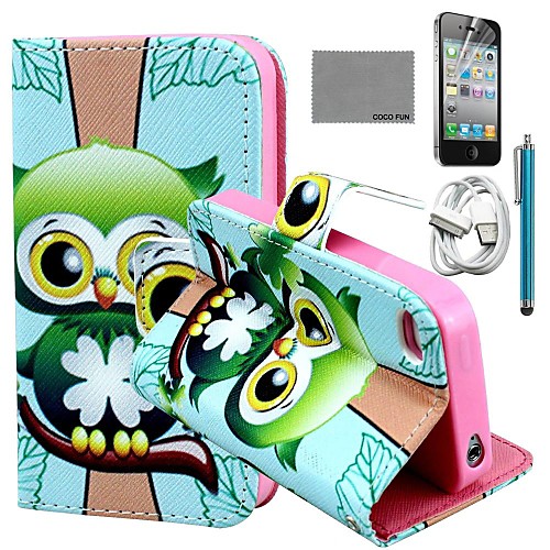 COCO FUN Green Owl Pattern PU Leather Case with Screen Protector and USB Cable and Stylus for iPhone 4/4S