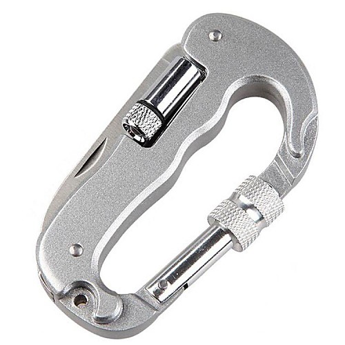 Heavy Duty D Shape Carabiner Clip-On Clamp Key Chain Hook with Knife and LED Torch Outdoor Camping Hiking Tool