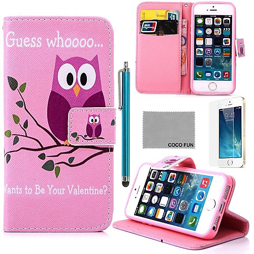 COCO FUN Pink Purple Owl Pattern PU Leather Case with Screen Protector and Stylus for iPhone 5/5S