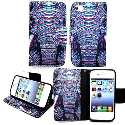 KARZEA™Elephants Tribe PU Leather TPU Back Painting Card Holder Wallet Case with Oval Buckle for iPhone 4/4S