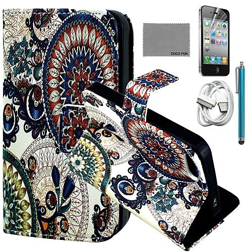 COCO FUN Circle Floral Pattern PU Leather Case with Screen Protector and USB Cable and Stylus for iPhone 4/4S