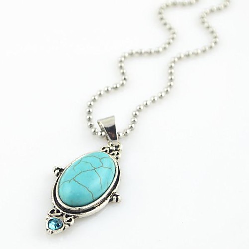 Toonykelly Vintage Look Antique Silver Plated Oval Turquoise Stone Necklace(1 Pc)