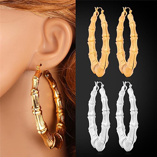 U718K Real Gold Platinum Plated Big Bamboo Hoop Earrings for Women