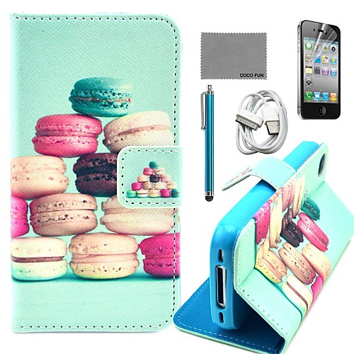 COCO FUN Colorful Macarons Pattern PU Leather Case with Screen Protector and USB Cable and Stylus for iPhone 4/4S