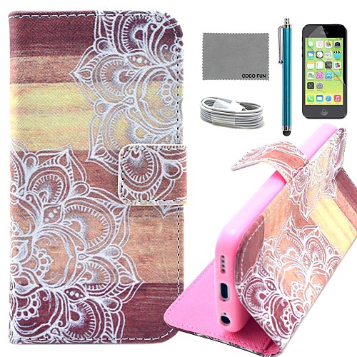 COCO FUN Wooden Flower Pattern PU Leather Full Body Case with Film and USB Cable and Stylus for iPhone 5C