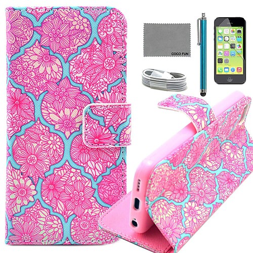 COCO FUN Red Flower Tattoo Pattern PU Leather Full Body Case with Film and USB Cable and Stylus for iPhone 5C