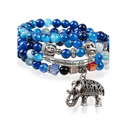 Women's Fashion Elephant Crystal Agate  Multiturn Lucky Beads Gemstone Bracelet