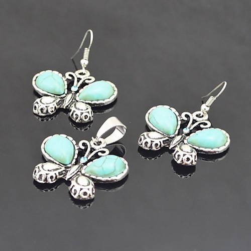 Toonykelly Vintage Antique Silver Butterfly Turquoise with Crystal(Earring and Necklace) Jewelry Set