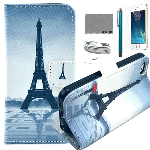 COCO FUN Red Umbrella Tower Pattern PU Leather Case with Screen Protector and USB Cable and Stylus for iPhone 5/5S