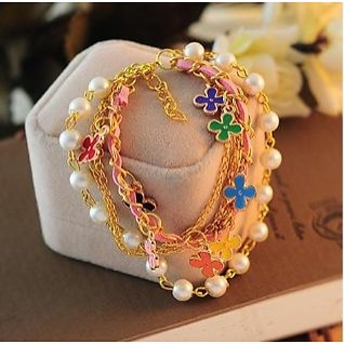 Korea Style Flower Pattern Oildrip Pearl Alloy Charm Bracelet(1pc)