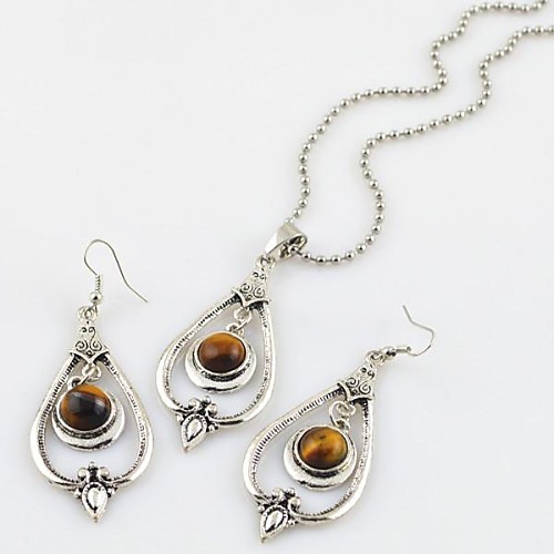 Toonykelly Vintage Antique Silver Amethyst Tiger Stone(Earring and Necklace) Jewelry Set