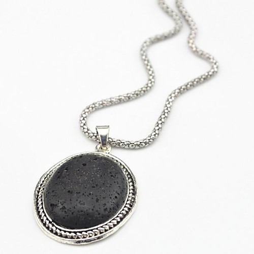 Toonykelly Vintage Look Antique Silver Black Lava Rock Volcano Oval Stone Necklace(1 Pc)