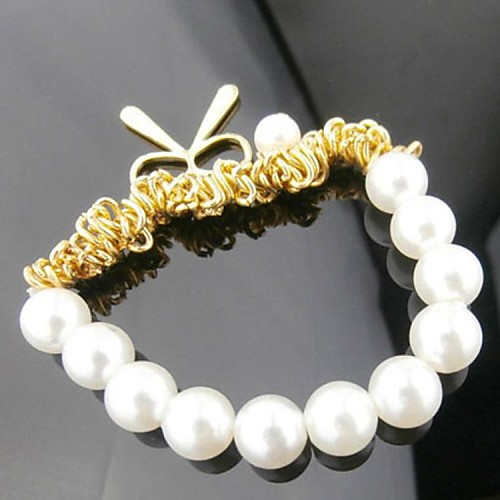 Fashion Adorable Bowknot Golden White Pearl Golden Charm Bracelet(1pc)