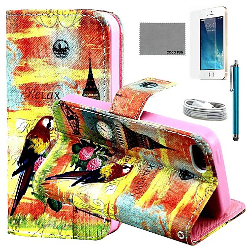 COCO FUN Parrot Tower Pattern PU Leather Case with Screen Protector and USB Cable and Stylus for iPhone 5/5S