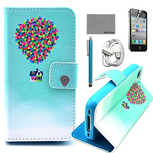 COCO FUN Balloon Travel Pattern PU Leather Case with Screen Protector and USB Cable and Stylus for iPhone 4/4S