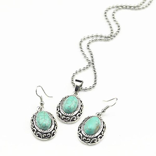 Toonykelly Vintage Antique Silver Oval Turquoise Stone (Earring and Necklace) Jewelry Set