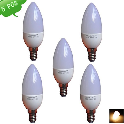 5PCS FRANLITE™ C37 E14 5W(=Incan 40W)  3000K Warm White CRI>80 8x3022SMD LED 420LM LED Light Candle Bulb (AC 220-240V)