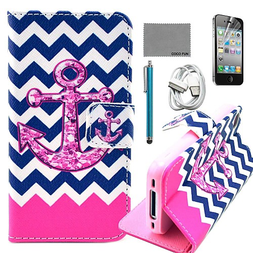 COCO FUN Flower Anchor Pattern PU Leather Case with Screen Protector and USB Cable and Stylus for iPhone 4/4S