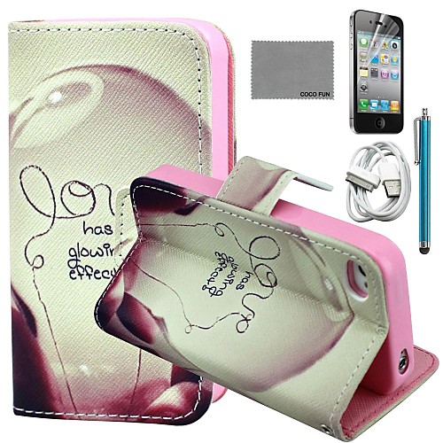 COCO FUN Love Lamp Pattern PU Leather Case with Screen Protector and USB Cable and Stylus for iPhone 4/4S